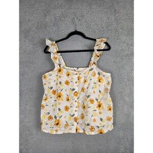 Womens Tank Top L Floral White Yellow Smocked Ruffle Straps Country Garden Girl